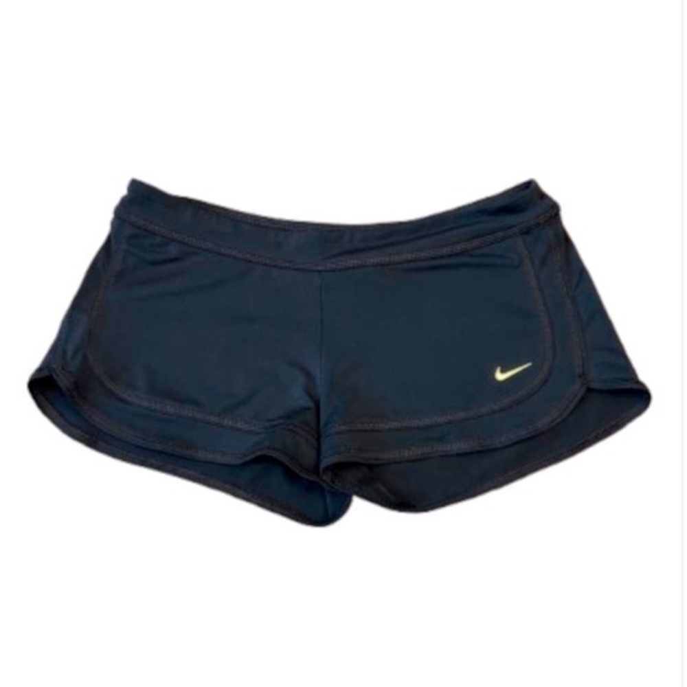 Nike Black 2” Athletic Shorts with Neon Yellow Swoosh Logo.